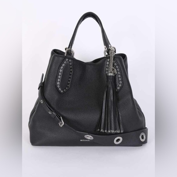 Black Michael Kors Brooklyn Shoulder Bag Purse Silver Grommets Removable Strap - Picture 1 of 13